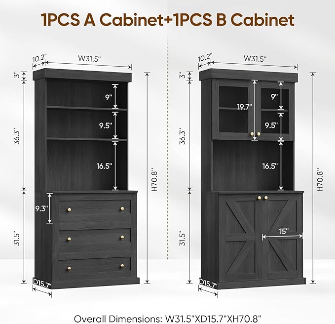 71" Farmhouse Kitchen Pantry Cabinet Set of 2, Black Freestanding Coffee Bar Hutch with Glass Doors, Drawers & Adjustable Shelves, Large Storage Cabinet with Microwave Stand for Kitchen & Living Room