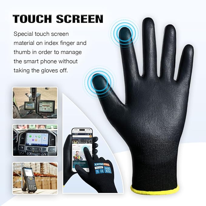 KAYGO Safety Work Gloves PU Coated for Men and Women, 12 Pairs KG11PB, Seamless Knit Glove with Two Fingers Touchscreen, breathable and lightweight Ideal for General Duty Work (Small,Black)