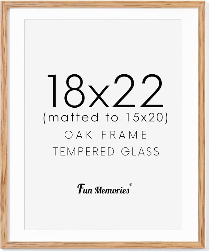 Fun Memories 18x22 Picture Frame, Solid Oak Wood for Wall, Poster Frame With Real Glass, Matted for 15x20, Home Decor (Natural Oak Color, 1 Pack)