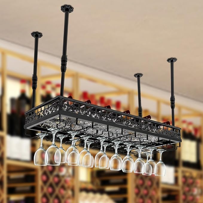 35inch Ceiling Wine Glass Rack, Adjustable Height Hanging Wine Goblet Holder, 2 in 1 Industrial Hanging Bottle Racks Black Metal Ceiling Stemware Shelves for Bar Cafe Kitchen