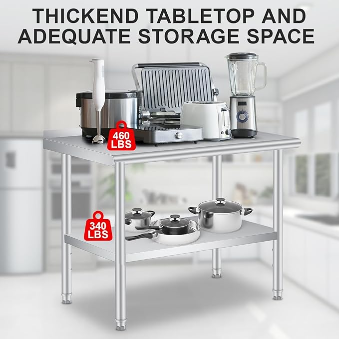 Stainless Steel Prep Table, 48 x 24 Inches, with Backsplash, Adjustable Undershelf, Commercial Heavy Duty Table with Adjustable Under Shelf for Outdoor Use,Restaurants,Hotels,Works