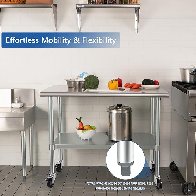HARDURA Stainless Steel Table with Wheels 30 x 36 Inches Casters NSF Heavy Duty Commercial Prep Table with Undershelf and Galvanized Legs for Food Prep
