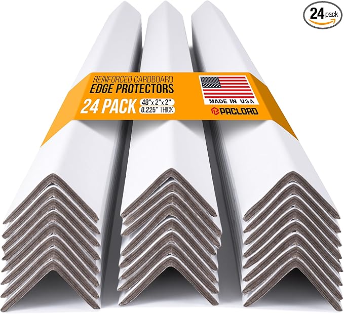 48" x 2" x 2" Reinforced Cardboard Edge Protectors, White (Pack of 24) – 0.225" Thick Extra Heavy-Duty Cardboard Corner Protectors – American Quality V-Board Pallet Edge Protectors