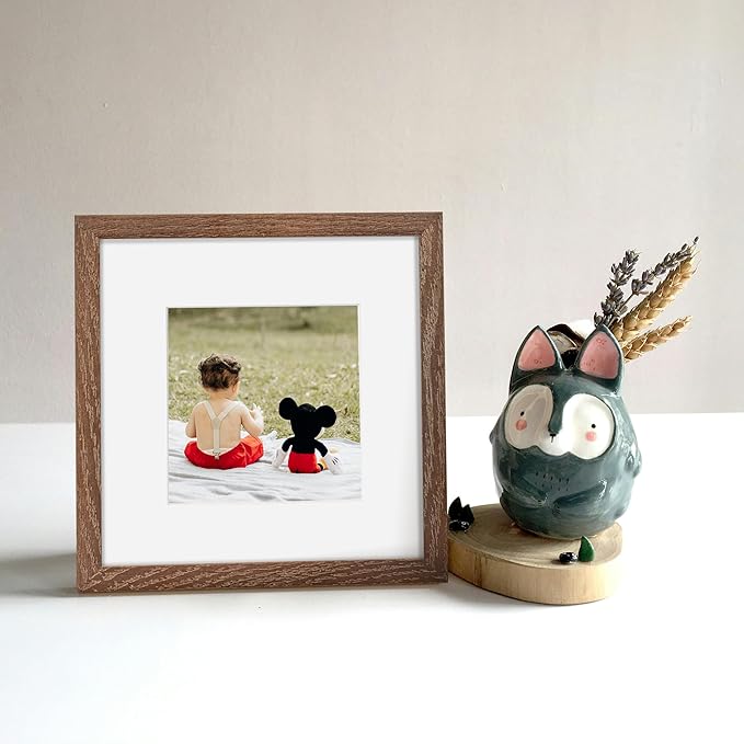 Rustic Wood 8x8 Picture Frame, Solid Oak Wood Frame 8 by 8, 8 x 8 Square Photo Frame with Tempered Real Glass, 8"x8" Picture Frame Matted to 4"x4", Squre Wood Picture Frames, Walnut Color, Set of 4