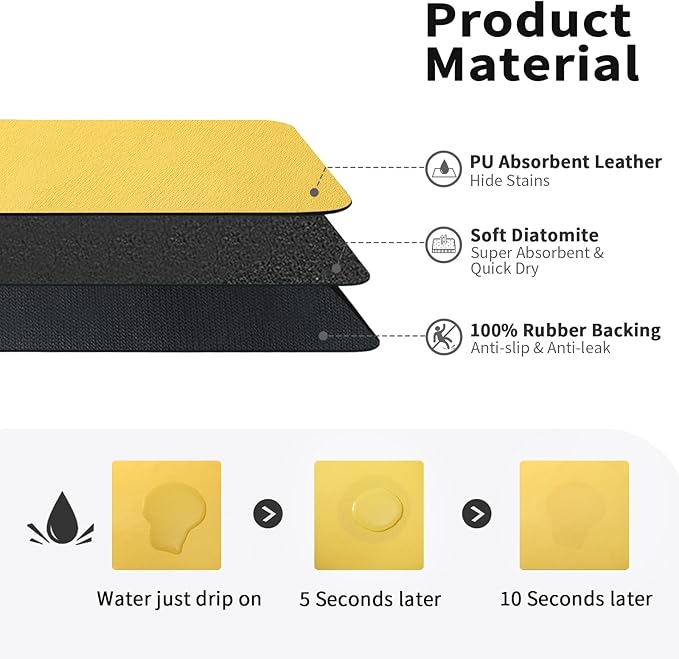 Dish Drying Mat for Kitchen Counter, Heat Resistant Drainer Mats with Non-slip Rubber Backed, Hide Stain Kitchen Super Absorbent Draining Mat, Easy to Clean Dish Rack Pad, Yellow 18"x28"