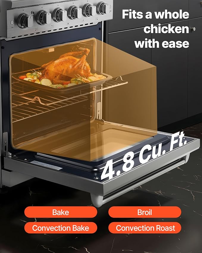 VEVOR Gas Range Oven, 30 Inches Width, Freestanding Stainless Steel Stove and Oven with 5 Sealed Cooktop Burners, Easy Reach Racks, Storage Drawer, 4.8 Cu. Ft. Capacity, for Apartment Home Kitchen