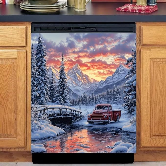 Winter Mountain Landscape with Red Truck Magnetic Dishwasher Cover Vinyl Sticker,Pine Trees Dishwasher Magnet Cover,Fridge Door Cover Magnets Art Skin Panel Decal for Home Decor, 23"X26"