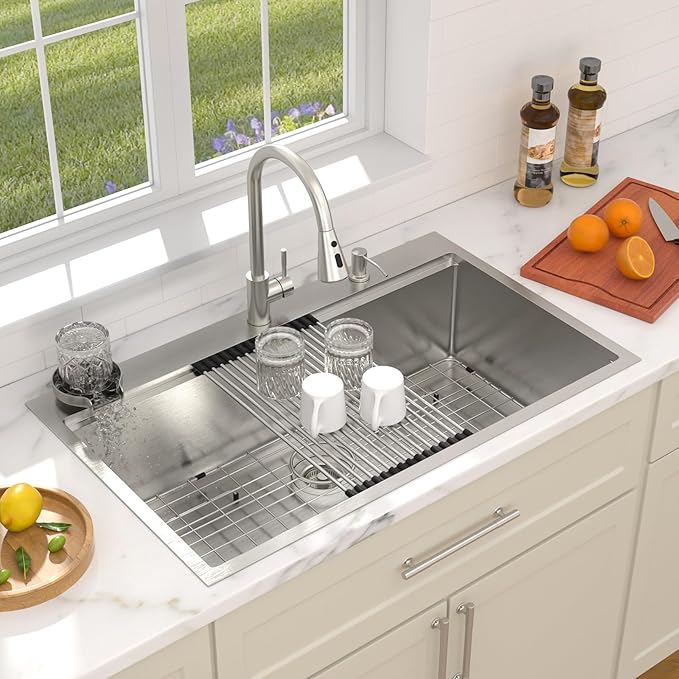 Dcolora 33x22 Workstation Kitchen Sink with Cup Washer, Drop In Luxury Large Single Bowl, 304 Stainless Steel Heavy Duty 16 Gauge, 5 In 1 Valued Accessories #DC-TW258006S