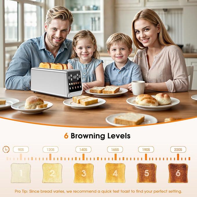 4-Slice Smart Toaster with Digital Touchscreen & 1-Touch Memory for Family | Stainless Steel, Extra-Wide Long Slots for Bagels & Artisan Bread | All-in-One Defrost, Reheat & Single-Slice Modes