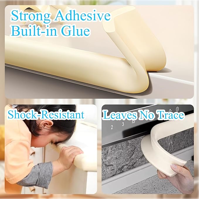 Baby Proofing Edge & Corner Protectors, White Foam L-Shape Self-Adhesive Bumper Strip + 4Corner Guards, Wall & Furniture Safety Bumpers for Nursery, Kitchen, Fireplace, Table, Desk