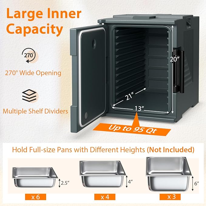 COSTWAY Insulated Food Pan Carrier, 95 Qt Hot Box Catering for 6 Full-Size Pan, Stackable Design, Fastener, Portable Front-Loading Food Warmer for Family Gathering, Buffets, Restaurant, Grey (4)