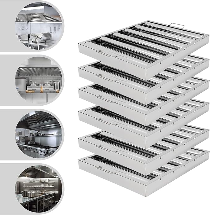 Pack of 6 Range Hood Filter, 19.5" W x 15.5" H 430 Stainless Steel Exhaust Range Hood Filter Commercial 5 Grooves Stove Hood Vent Filter Replacement for Kitchen Restaurants Silver