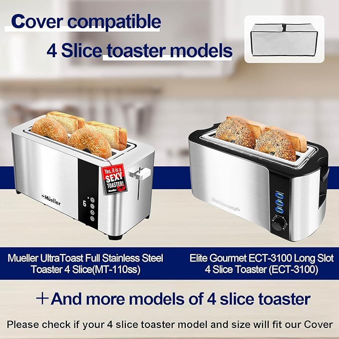 Toaster Cover Waterproof Heat-Resistant Dustproof Protective Case Heavy Duty Cover for Mueller UltraToast 4 Slice MT-110ss/Elite Gourmet ECT-3100 4 Slice Toaster (Silver grey)