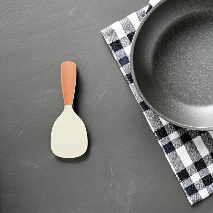 Heat Resistant Silicone Rice Paddle with Wooden Handle Non-Stick Self-Standing Rice Scoop for Cooker Ergonomic Anti-Slip Grip Kitchen Serving Spoon