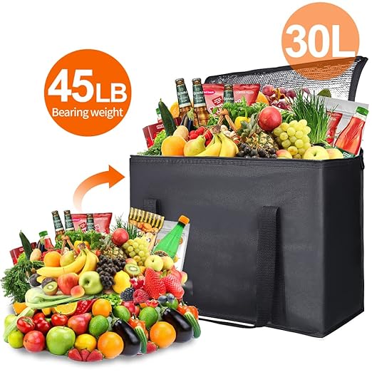 1PK Insulated Grocery Bags Reusable Heavy Duty - Cooler Tote with Reinforced Base for Stability & No Sag - XL Thermal Bag for Hot Cold Food, Delivery, Shopping, Travel, Camping,Grocery Essentials