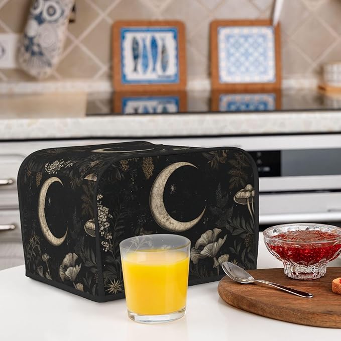 4 Slice Toaster Cover for Kitchen Vintage Botanical Moon Waterproof and Dustproof Toaster Dust Cover with Side Pockets Decorative Universal Cover for Wide Slot Toasters and Small Appliances