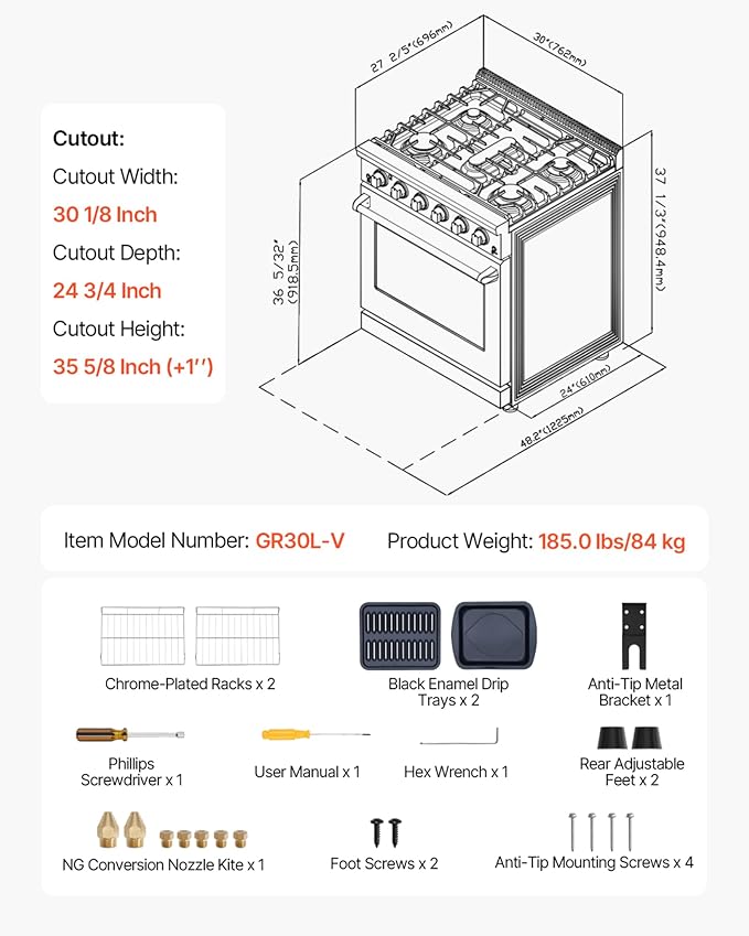 VEVOR Gas Range Oven, 30 Inches Width, Freestanding Stainless Steel Stove and Oven with 5 Sealed Cooktop Burners, Easy Reach Racks, Storage Drawer, 4.8 Cu. Ft. Capacity, for Apartment Home Kitchen