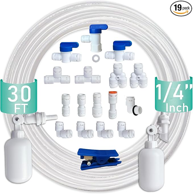 NSF Certified 1/4" O.D. Push to Connect Fittings for RO (Reverse Osmosis) Water Filter（with water float ball valve）19 pcs+30 feet 1/4" Water tubing.