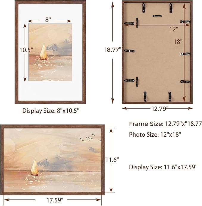 Fun Memories Solid Oak Wood Picture Frame 12"x18" for Wall - Tempered Real Glass, Matted to 8.5x11, Poster Frame (Walnut Color, 1 Pack)