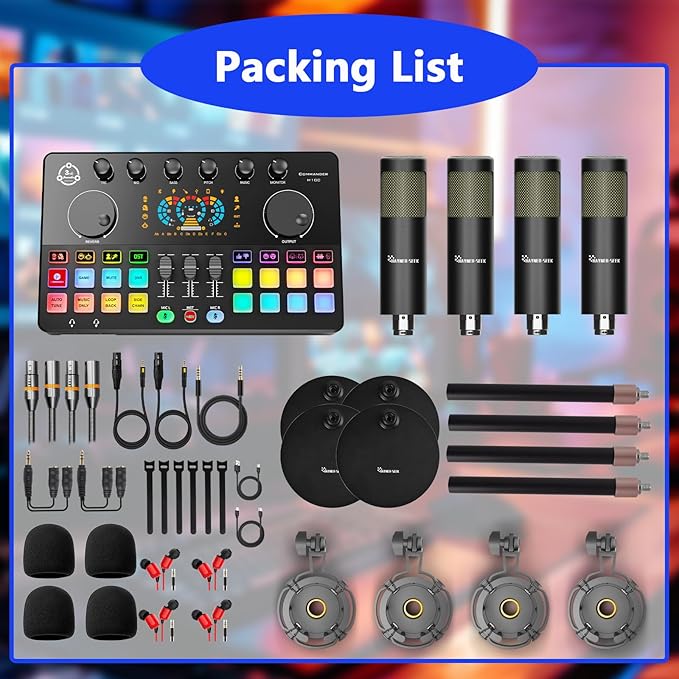 Podcast Equipment Bundle for 4, Audio Interface with 4 Dynamic Microphone, 4 Desktop Mic Stands, Voice Change, DJ Mixer for Vocal Recording Podcasting,Streaming,Singing TikTok, COMMANDER M100 3rd
