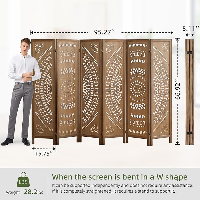 6 Panel Room Divider Wood Carved Room Divider Folding Privacy Screen with Double Hinges, Free Assembled Portable Partition Screen Divider for Room Separation Home Office Restaurant - Brown