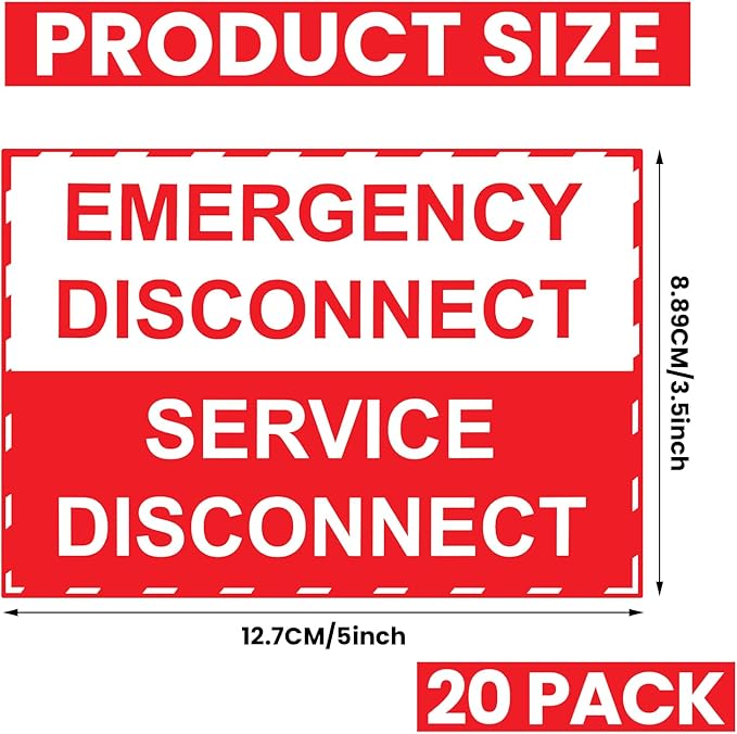 LEIFIDE 20 Pack NEC Compliant Emergency Disconnect Sticker 5"x 3.5" Emergency Disconnect Service Warning Sticker Shut Off Sign Uv-Resistant Electric Panel Labels Vinyl Waterproof for Indoor Outdoor