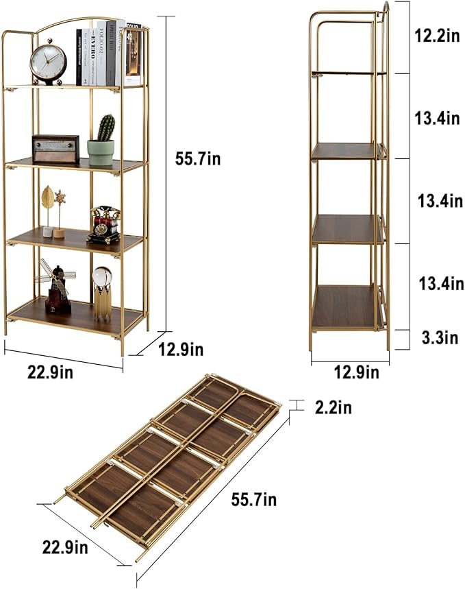 Crofy No Assembly Folding Bookshelf for Living Room, 4 Tier Gold Collapsible Book Shelf for Home Office, Portable Bookcase Storage Organizer