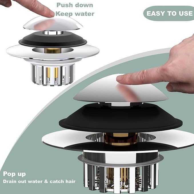 Kitchen Sink Drain Strainer 3 in 1, 304 Stainless Steel Pop Up Sink Stopper, Anti-Clogging Drain Stopper, Strainers for Kitchen, Drain Cover & Kitchen Accessories for US Standard Sink (Smooth Silver)