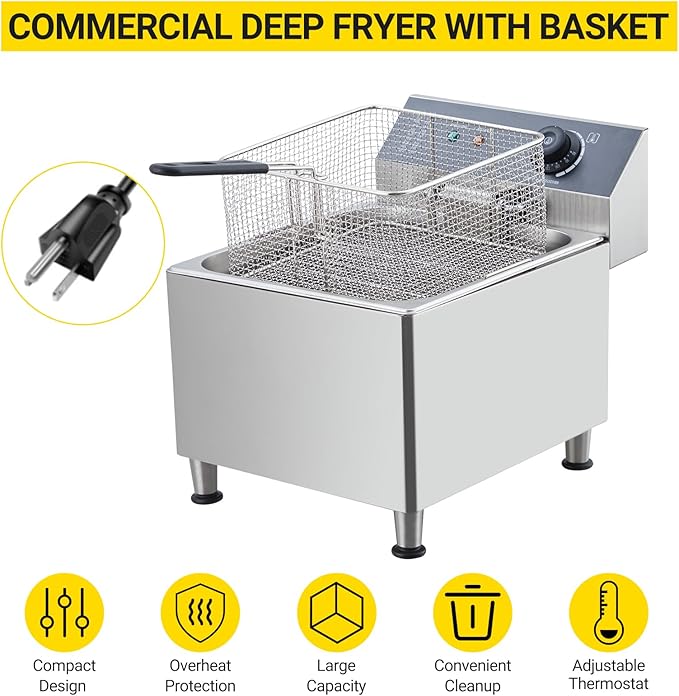 11L Commercial Deep Fryer | 201 Stainless Steel Electric Countertop Fryer with XL Basket | 1700W 110V for Restaurant & Home Use