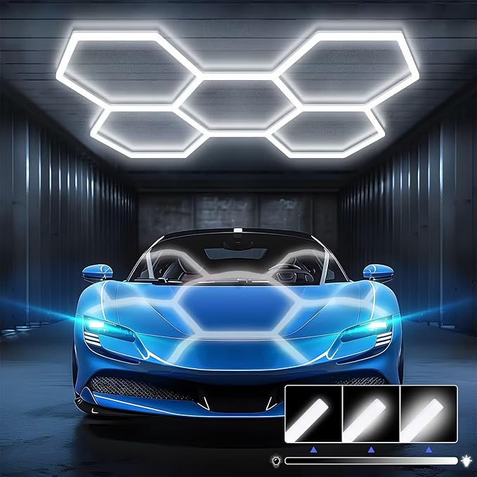Hexagon Garage Lights - 3 Level Dimmable Hexagon Lights, Upgraded Brightness LED 192W ,6500K 25650LM Honeycomb light for Shop, Garage, Car Detailing,Workshop, Basement,Gym, Barber