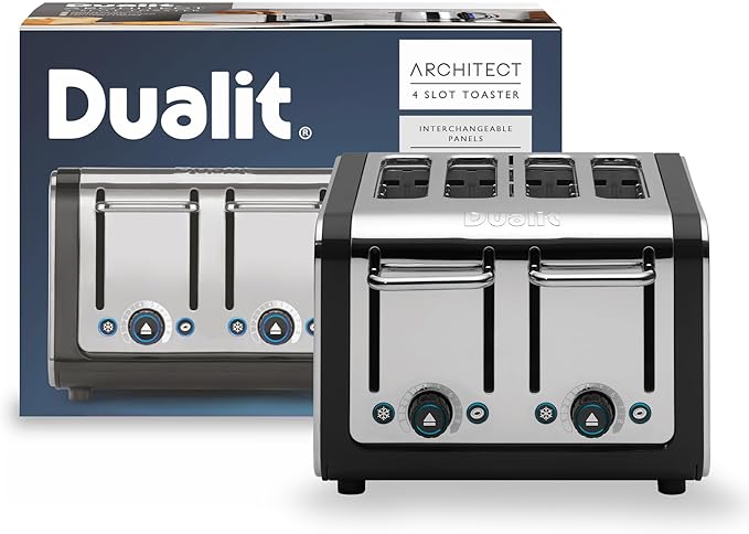Dualit Design Series 4 Slice Toaster | Polished Stainless Steel with Black Trim | Extra-Wide Slots – Peek and Pop Function – Patented Perfect Toast Technology – Matching Kettle Available
