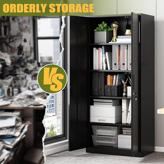 71" H Metal Garage Storage Cabinets, Locking Cabinet with Doors and Shelves, Kitchen Pantry Cabinet, Metal Storage Cabinet for Home/Office/Warehouse, Black