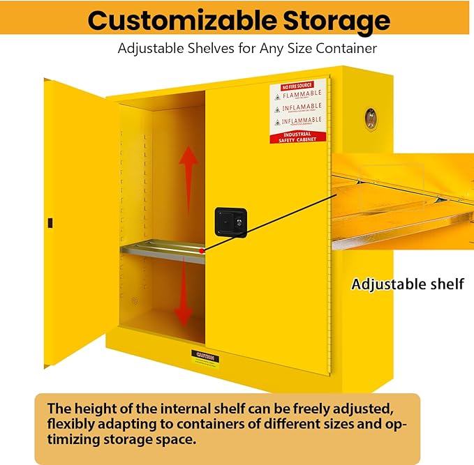 170 Gallon Galvanized Steel Flammable Storage Cabinet, 53" H x 46" D x 21" W Fireproof Cabinets Adjustable Shelf 2 Manual Closing Doors, 3 Point Locker Cabinet for Industry and Home Use Yellow