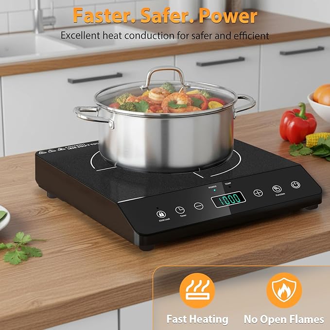 Single Burner Induction Cooktop, ETL-Certified 1800W Portable Induction Cooktop Large 8 inch Heating Coil, 12 Temp Settings up to 465℉ Electric Stove Hot Plate with 3 Hour Timer, Safety Lock