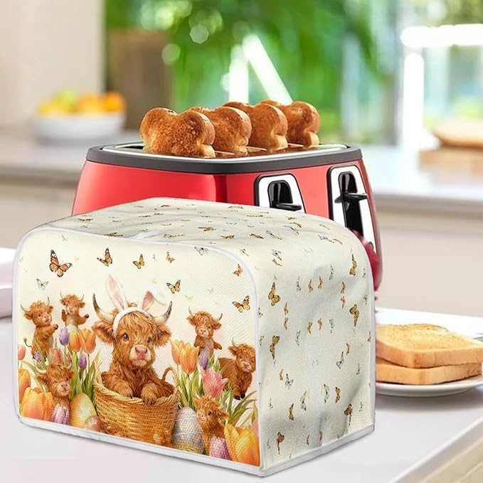 Easter Tulip 2 Slice Toasters Cover Anti-Stains Highland Cattle Print Bread Maker Covers with Handle Holiday Kitchen Decor Small Appliance Covers