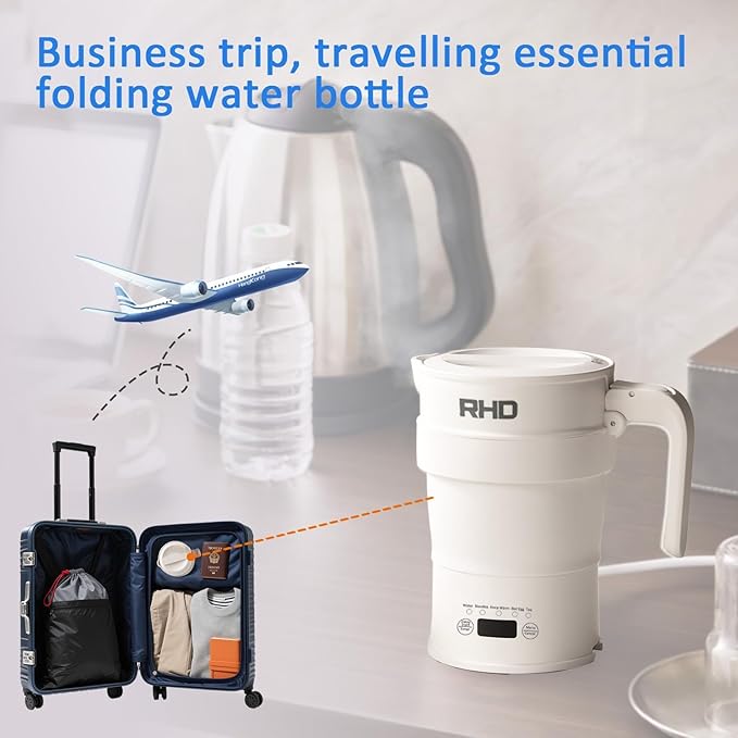 Travel Foldable Electric Kettle, 700ML Hot Water Kettle with Multifunctional Panel, Collapsible Small Boiling Water Kettle with Keep Warm & Delay Start, BPA-Free, 600W, 304 Stainless Steel, White
