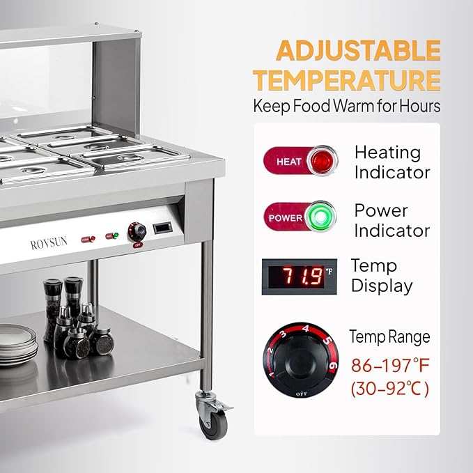 ROVSUN 96QT Steam Table, 12-Pan Electric Commercial Food Warmer Stainless Steel Bain Marie w/Acrylic Shield Overshelf Undershelf Temperature Control & Lid for Party Restaurant 8QT/Pan 1500W 110V