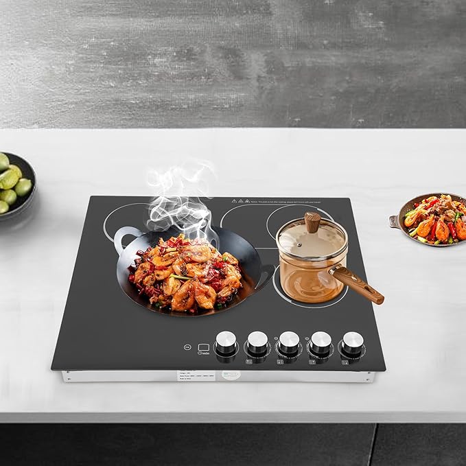 4 Burners 24” Electric Cooktop, 3400W Electric Stovetop, Built-in Induction Stove Top for Home Kitchen, Stainless Steel Glass Ceramic Cooktop with Child Lock