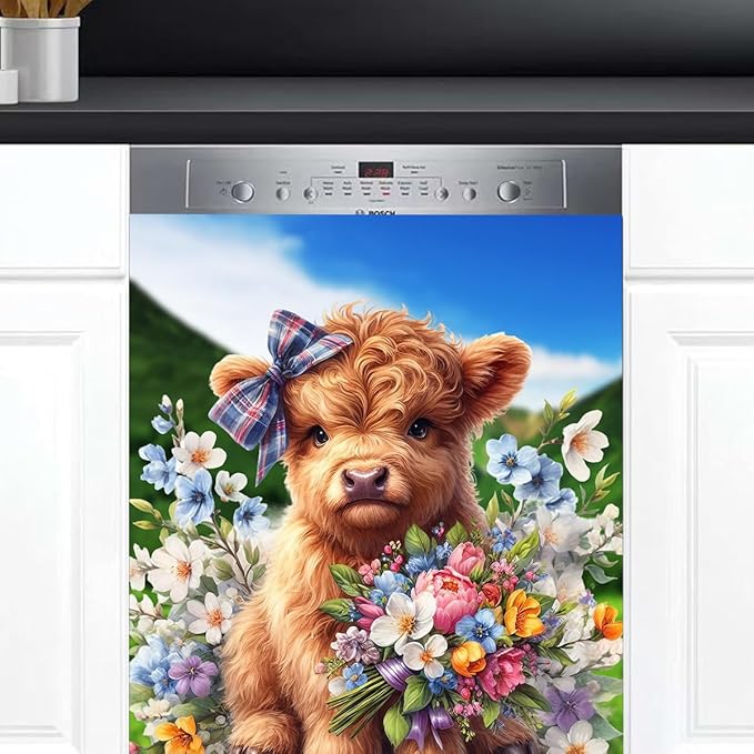 Dishwasher Magnet Cover Flower Highland Cow Cute Dishwasher Decorative Cover Front Dishwasher Door Cover Reuseable Dishwasher Cover Panel Decal for Kitchen Refrigerator Home Appliances 23" X 26"
