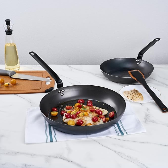 Restaurantware-Met Lux 14 Inch Fry Pans, 6 Lightweight Frying Pans - Induction-Ready, Triple-Riveted, Black Carbon Steel Cooking Skillets, Durable, For Searing, Sauteing, And Browning Food