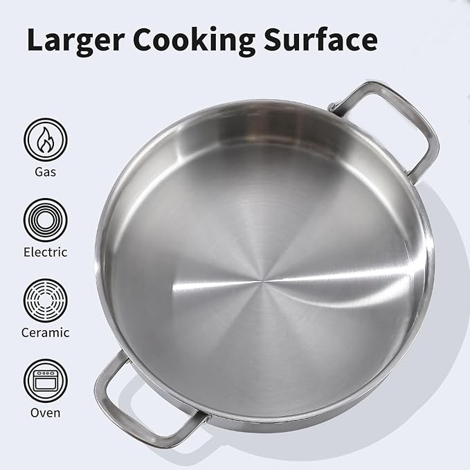 DELARLO Tri-Ply Stainless Steel 3.5 Quart Braiser Pan with Lid Induction Rondeau Pot With Lid 12inch Deep Frying Pan Large Saute Pan Heavy Duty Style Compatible With All Cooktops Up to 650℉