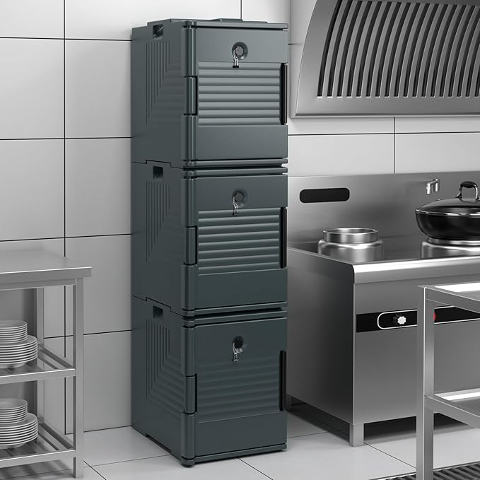 COSTWAY Insulated Food Pan Carrier, 95 Qt Hot Box Catering for 6 Full-Size Pan, Stackable Design, Fastener, Portable Front-Loading Food Warmer for Family Gathering, Buffets, Restaurant, Grey (3)