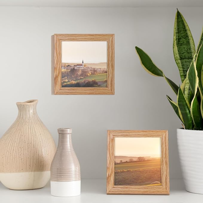 Fun Memories 4x4 Picture Frame, Solid White Oak Wood Frame 4 by 4, 4 x 4 Square Photo Frame with Tempered Real Glass, Rustic Wooden Frame 4"x4" for Wall & Tabletop Display, Natural Color, Set of 2