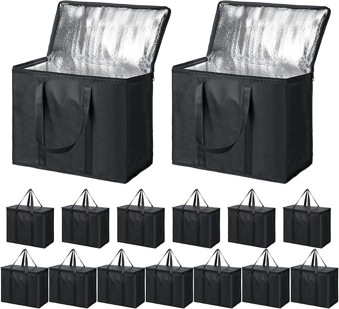 Kenning 15 Pcs Large Insulated Reusable Grocery Bags with Sturdy Zipper and Handles Foldable Washable Cooler Totes Heavy Duty Hot or Cold Food Delivery Bag for Food Transport Travel Lunch (Black)