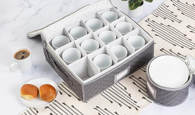 China Storage Case - Salad Plate Quilted Case - 10" W x 6" H - Gray - Includes 12 Felt Separators - Stackable With Padded Interior to Store your Dinnerware Dishes