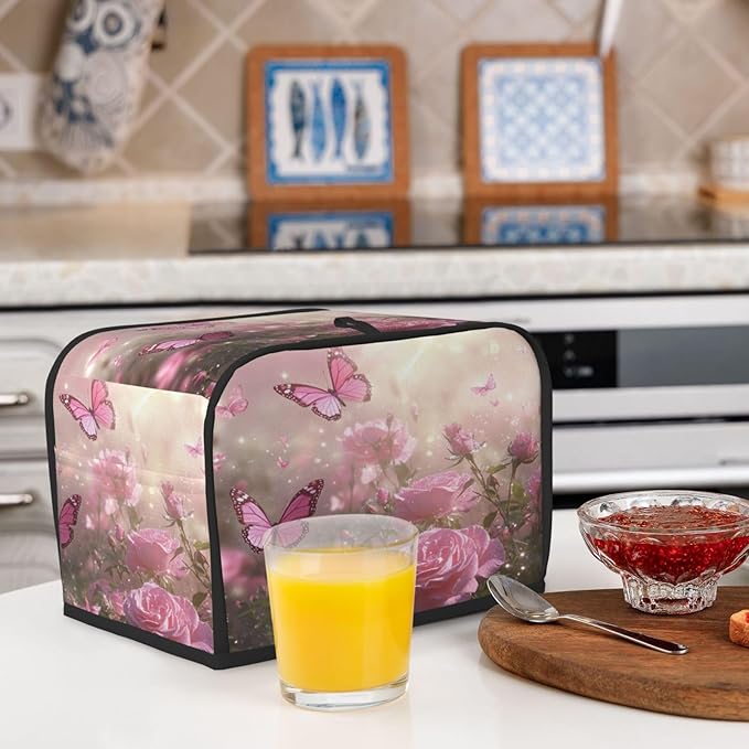 2 Slice Toaster Cover for Kitchen Spring Butterfly Rose Garden Waterproof and Dustproof Toaster Dust Cover with Side Pockets Decorative Universal Cover for Wide Slot Toasters and Small Appliances
