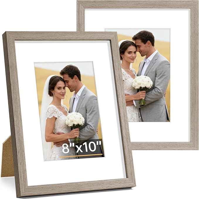 Vittanly 8x10 Picture Frame Set of 2, Solid Wood Frame for Wall or Tabletop, Display Photo 5x7 with Mat or 8x10 without Mat, Light Brown
