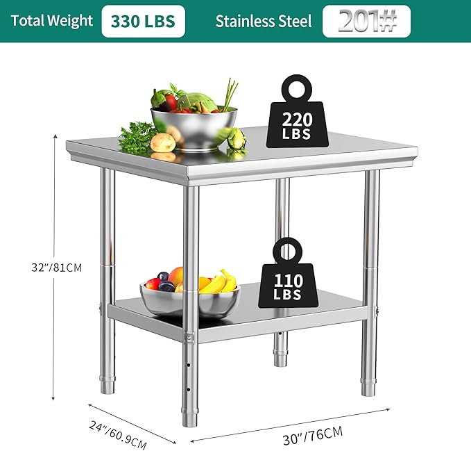 YITAHOME NSF Stainless Steel Table, 30" X 24" Work Table, 2 Shelves Metal Prep Worktable for Home Kitchen Restaurant Garage Warehouse Outdoor