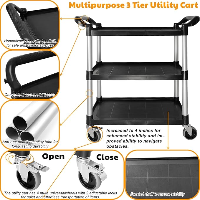 Plastic Utility Cart with Wheels, 3 Tier Rolling Cart with Lockable Wheels, Heavy Duty 510lbs Capacity Food Service Cart for Office, Restaurant, Kitchen, Home, Warehouse