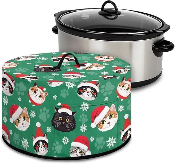 Cute Cats Christmas Hat Print Oval Slow Cooker Dust Cover Protective with 6-8 Quart Slow Cooker Recyclable and Practical Crock Pot Cover for Kitchen Appliances Christmas Decor